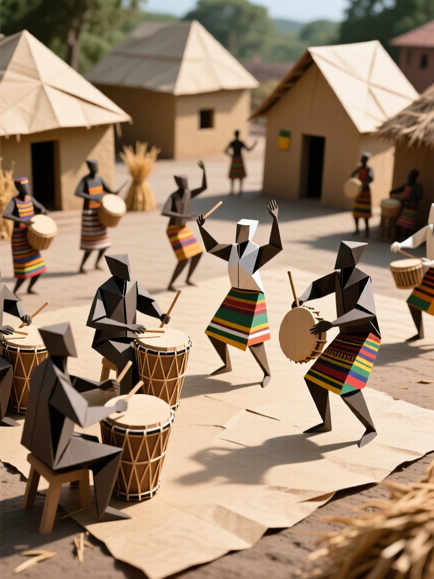 A Ghanaian Homowo harvest festival scene with drummers and dancers in a village square.