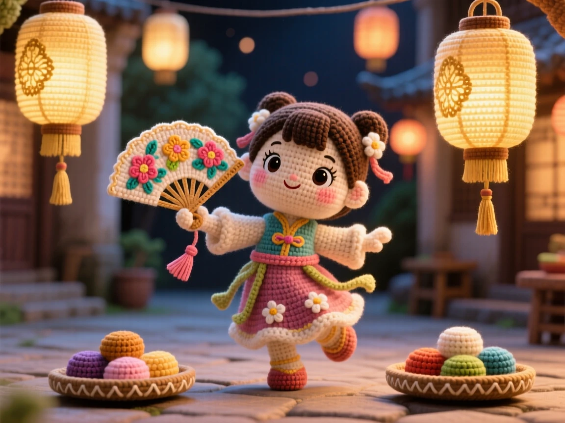 a little girl practicing a traditional fan dance, with a painted silk fan, is shown moving gracefully in a slow circle in a lantern-lit village square beside a small tray of traditional sweets nearby, capturing the cheerful spirit of a beloved tradition.