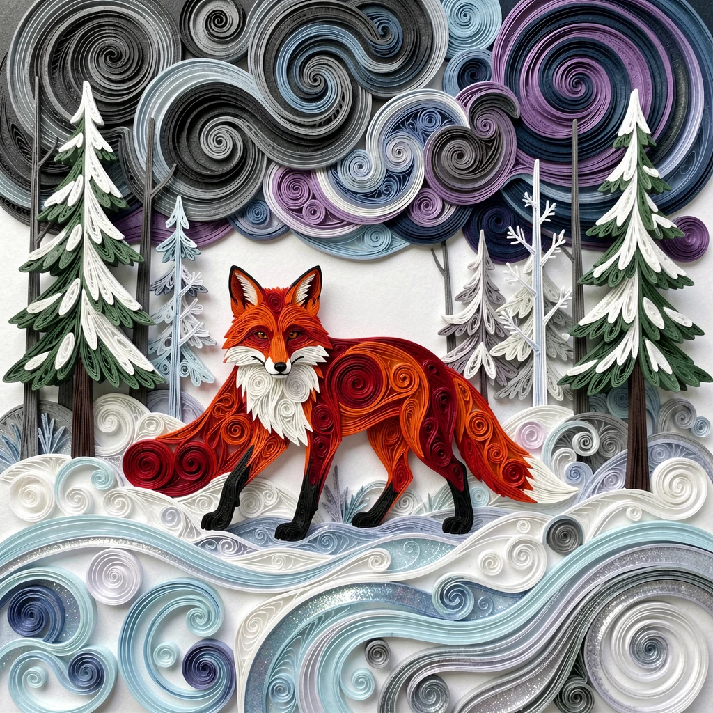 A striking wildlife scene of a red fox trotting through a snow-dusted forest surrounded by softly rippling water, in the dramatic contrast of a stormy sky, composed with the animal as a striking central focal point.