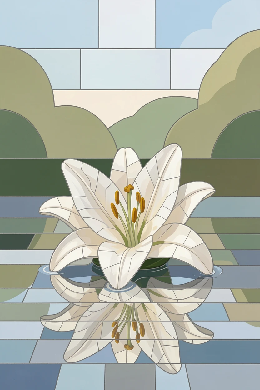 A single perfect white lily floating on a still pond, with soft morning light and a gentle blur of background greenery.