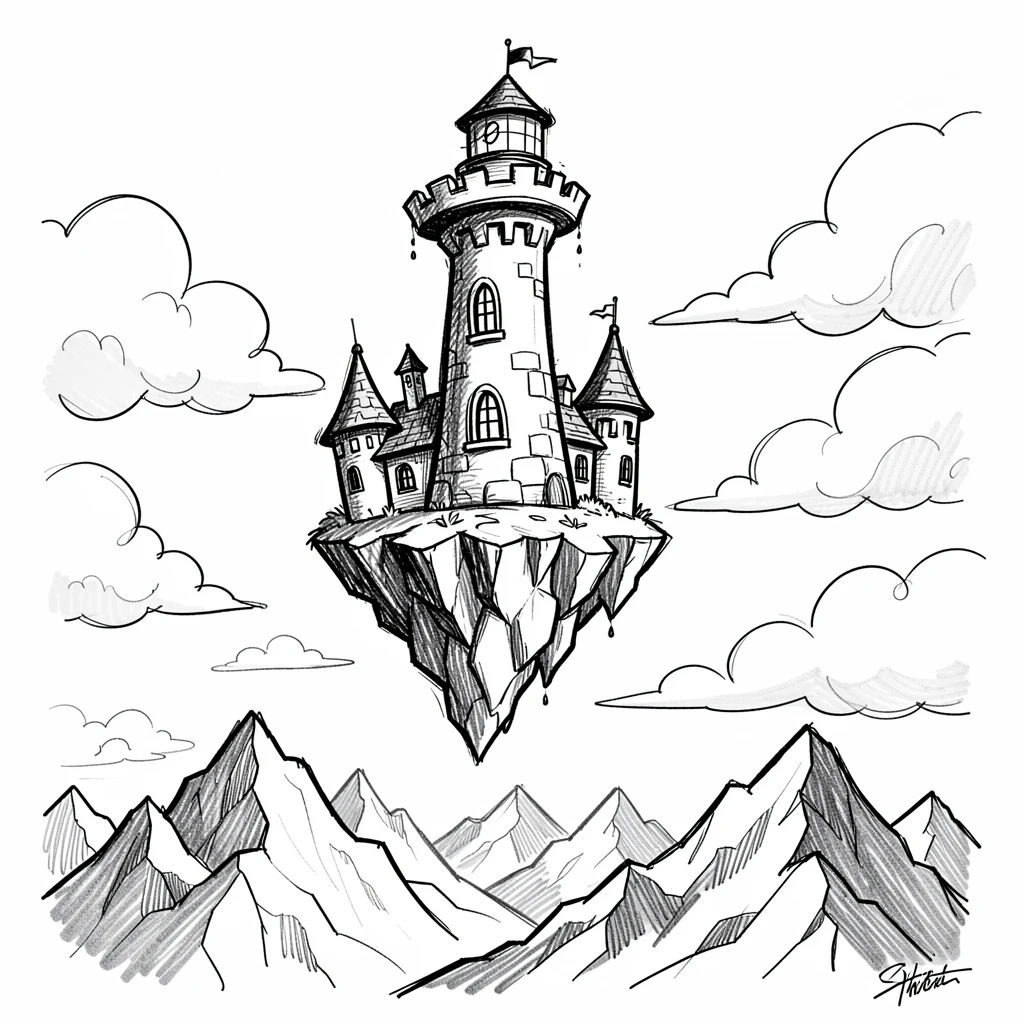 A lighthouse castle perched on a cliff among the clouds above a mountain range.