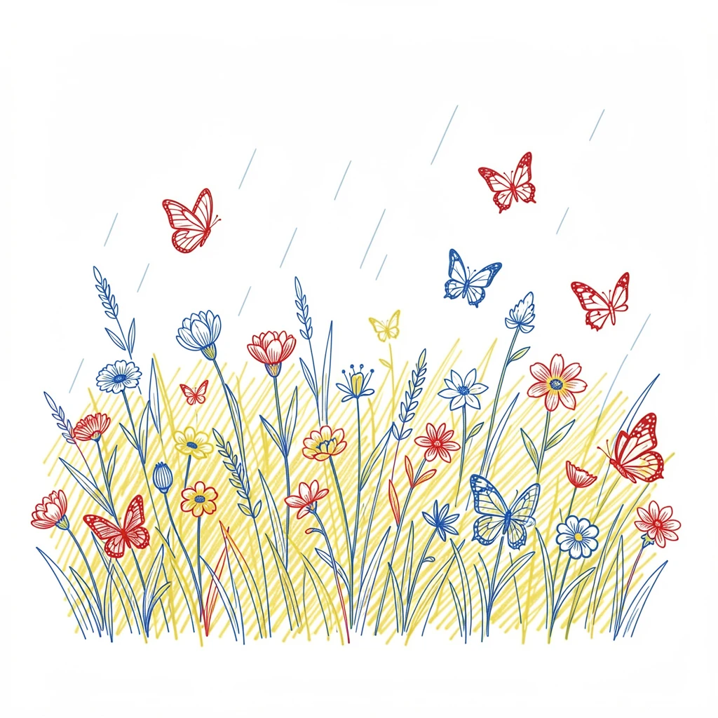 A spring meadow alive with butterflies after a passing rain shower