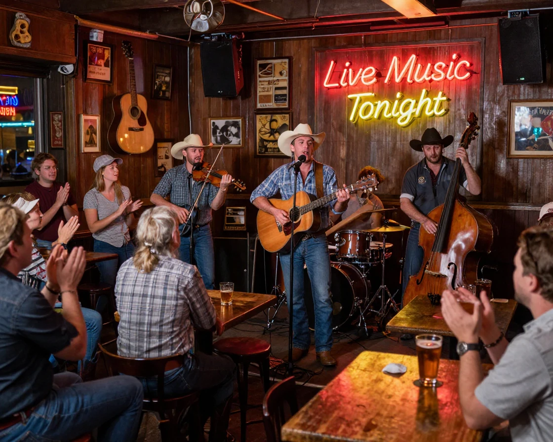 A Nashville honky-tonk with a band playing country music