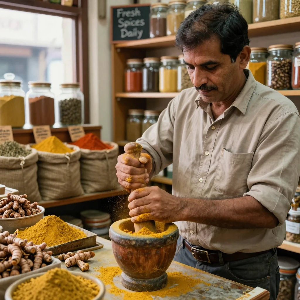 A spice shop owner grinds fresh turmeric root into golden powder.