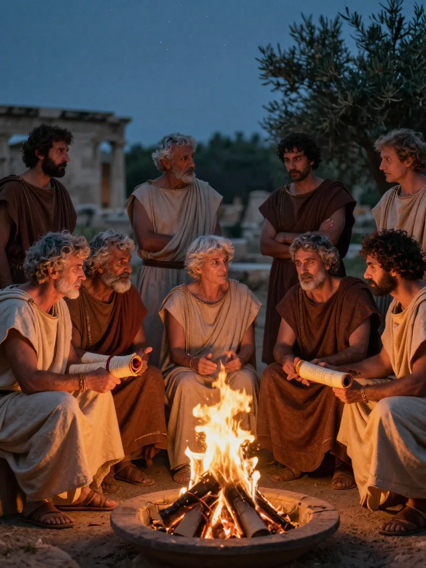 A group of ancient Greek scholars gathered around a crackling evening fire