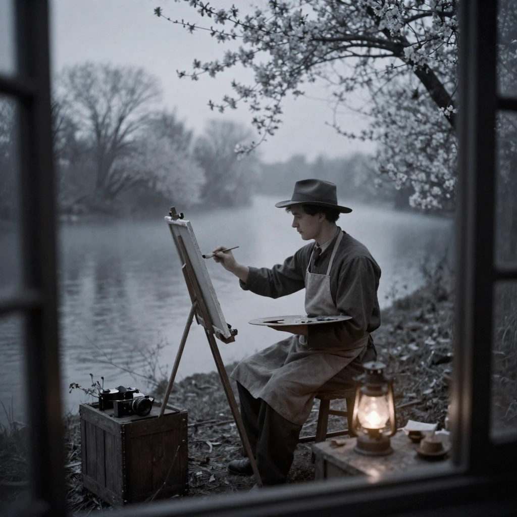 A painter working en plein air beside a quiet riverbank, in cool blue twilight, as mist rises off the ground, as spring blossoms unfurl, with stark black-and-white contrast softened by a single warm hue, viewed from across the room.