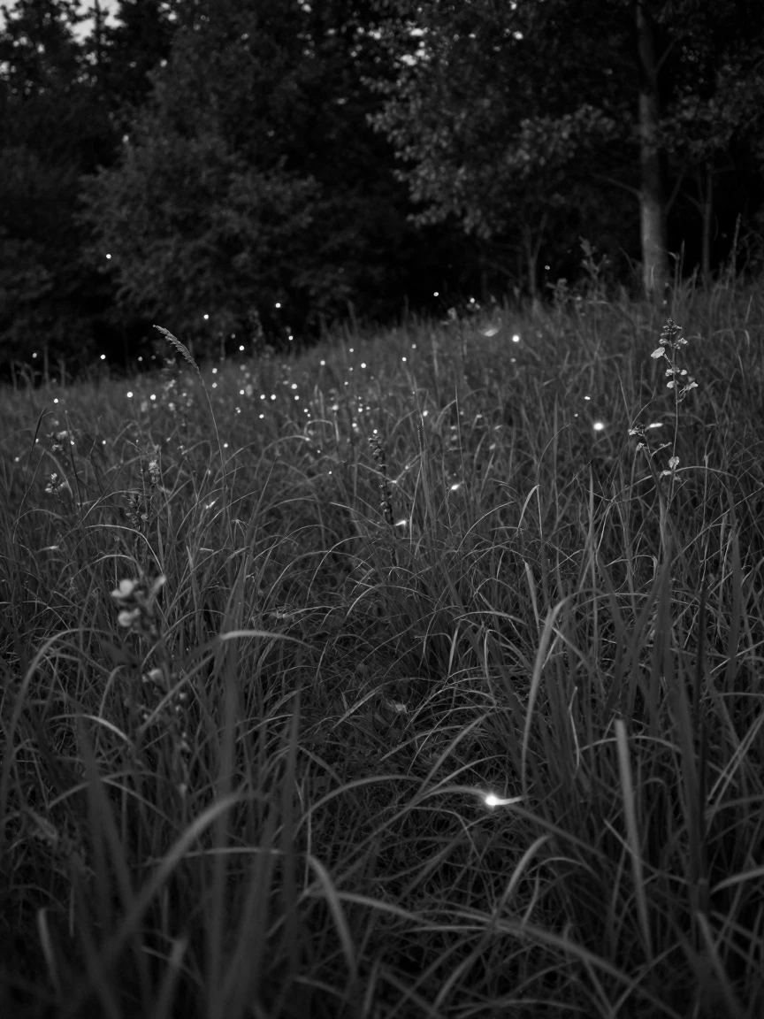 A group of fireflies lights up a dark summer meadow at the edge of a quiet forest.