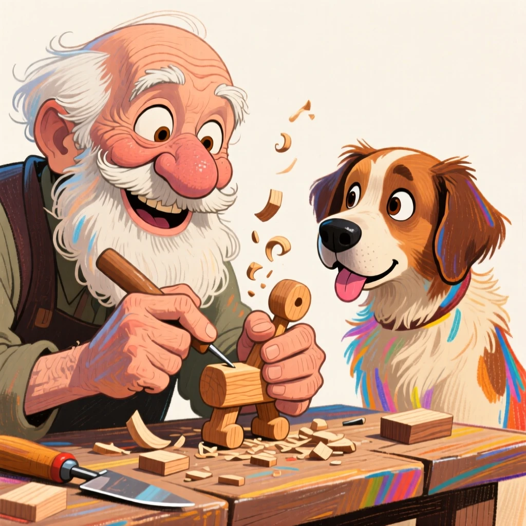 A grandfather whittling a wooden toy while his loyal dog watches attentively.