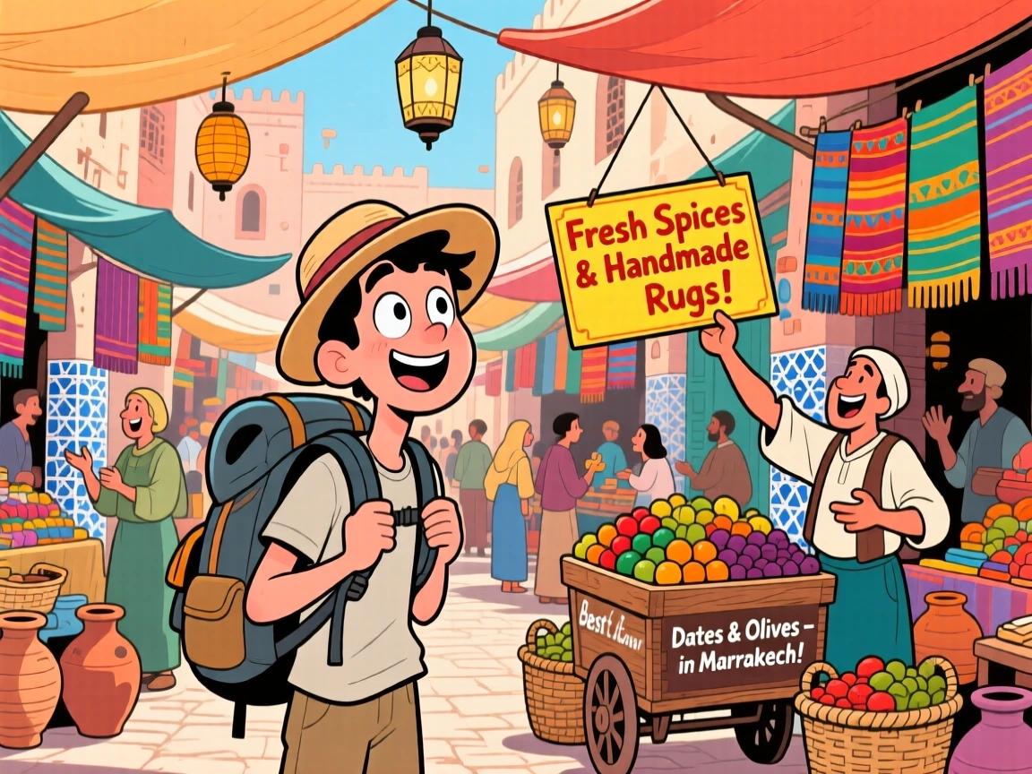 An iconic travel scene featuring a solo backpacker wandering through a bustling market in Marrakech, as street vendors call out cheerfully nearby.