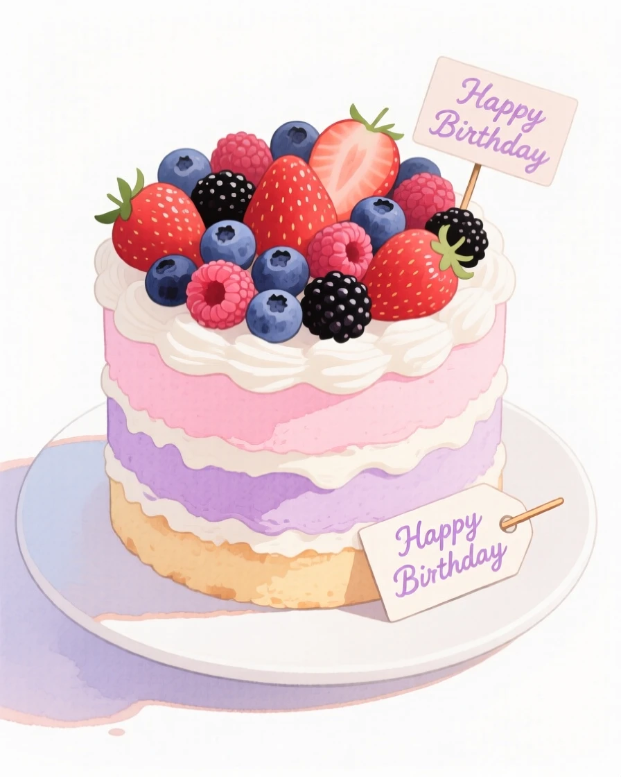 A cozy, appetizing, elegant and intimate scene of a birthday cake covered in fresh berries and pastel frosting