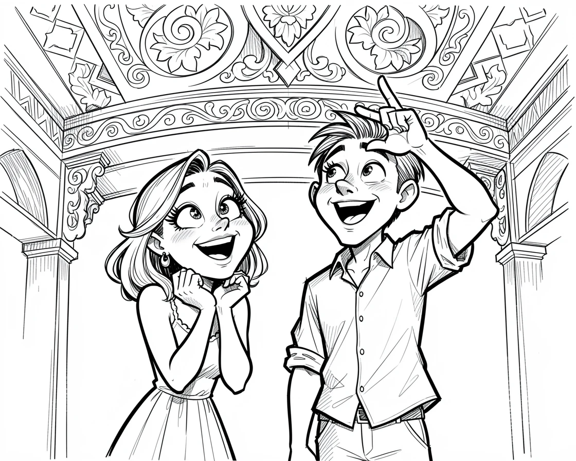 [Travel & Cultural Experiences] Vivid travel scene of an excited honeymoon couple admiring an ornate temple ceiling, full of wonder and adventure