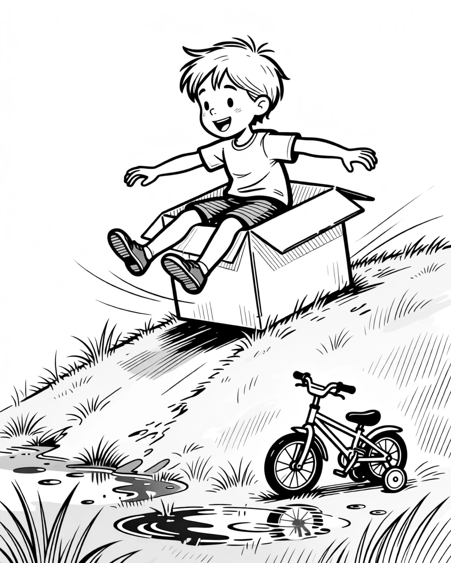 A kid riding a cardboard box down a grassy hill, steering wildly with both feet dragging as brakes, set in a backyard after a summer rainstorm. A tiny bicycle with training wheels waits nearby. The scene captures the wild imagination only kids have.