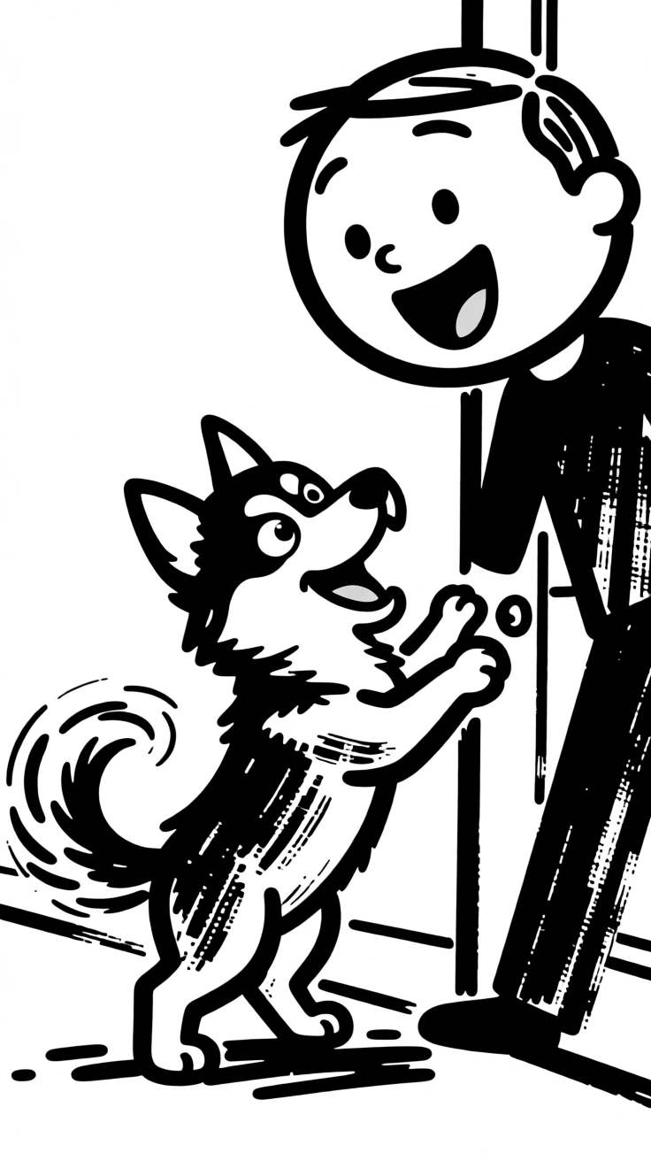 A husky puppy excitedly greeting its owner at the door after a long day, tail a blur.