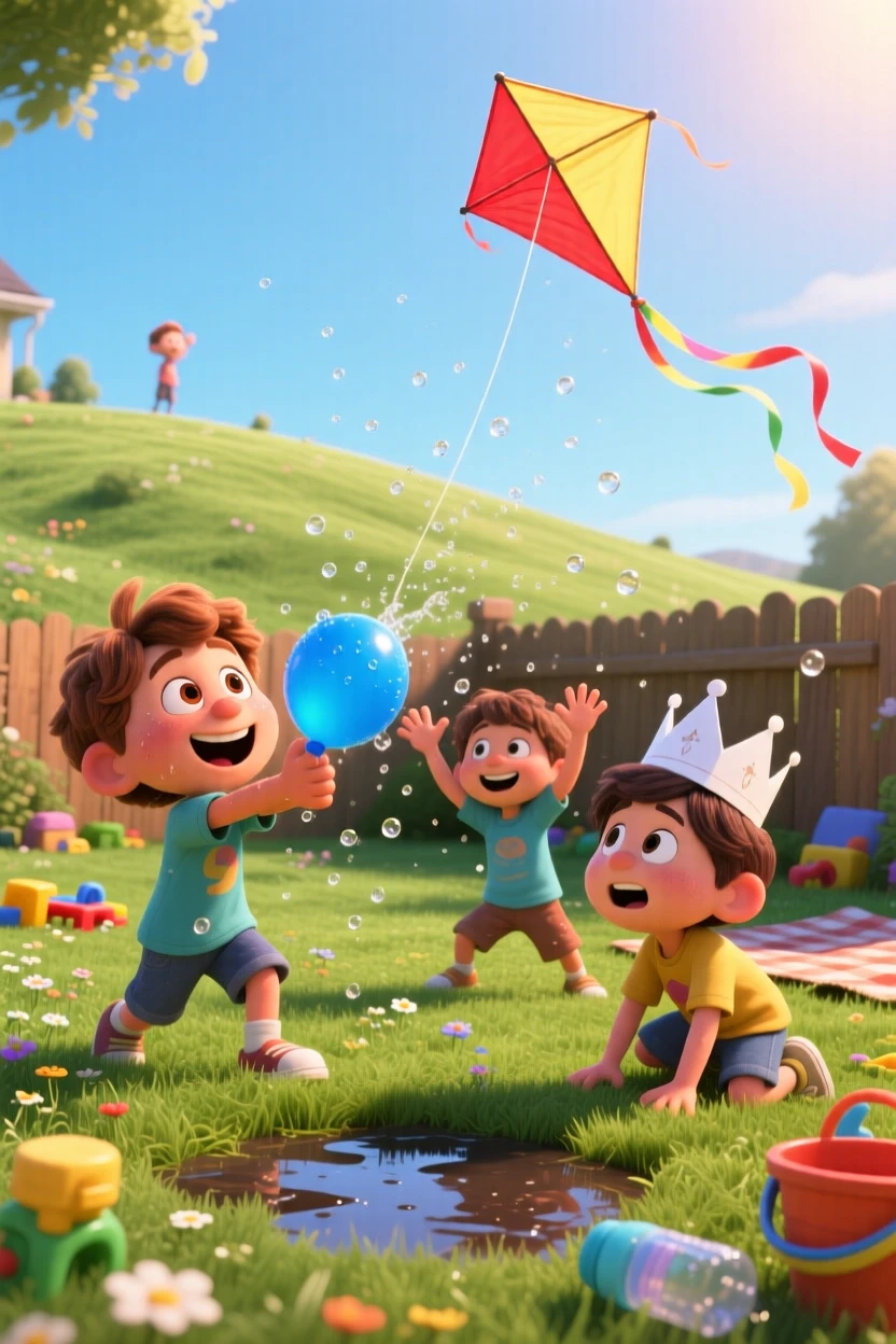 Kids having a water balloon fight in the backyard takes place on a grassy hill perfect for kite flying, with a paper crown perched slightly crooked. A lighthearted sense of discovery colors the moment.