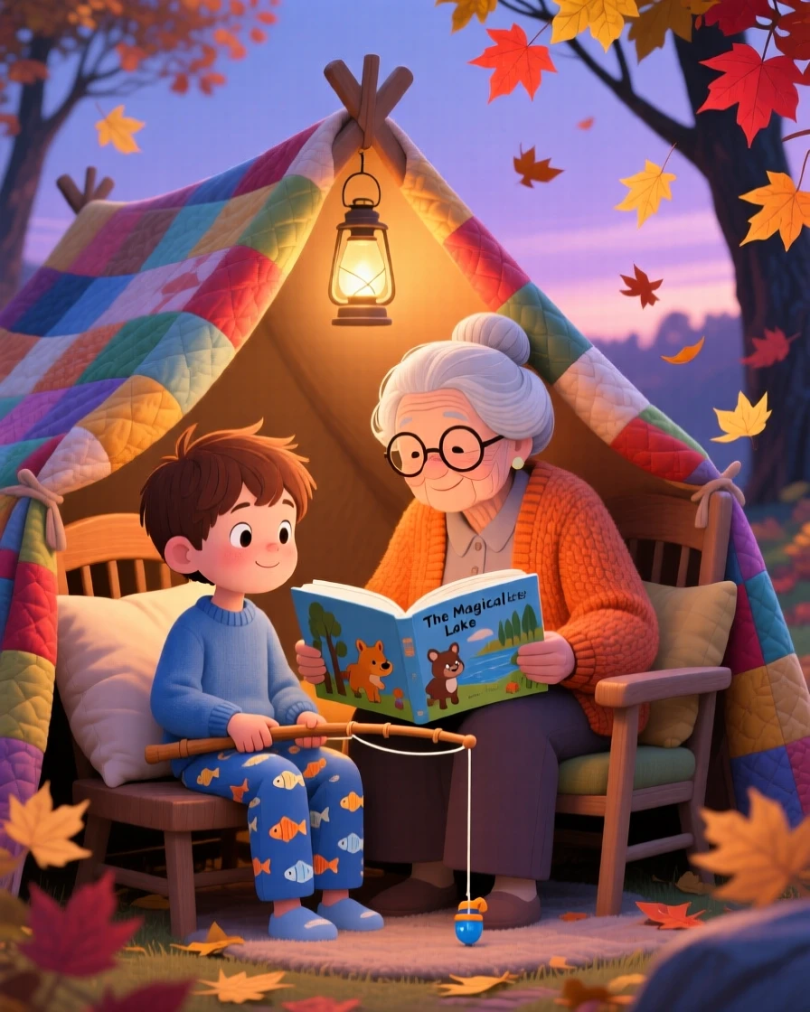 A boy with a fishing rod and her grandmother are reading a bedtime story under a blanket fort, as autumn leaves swirl around them.