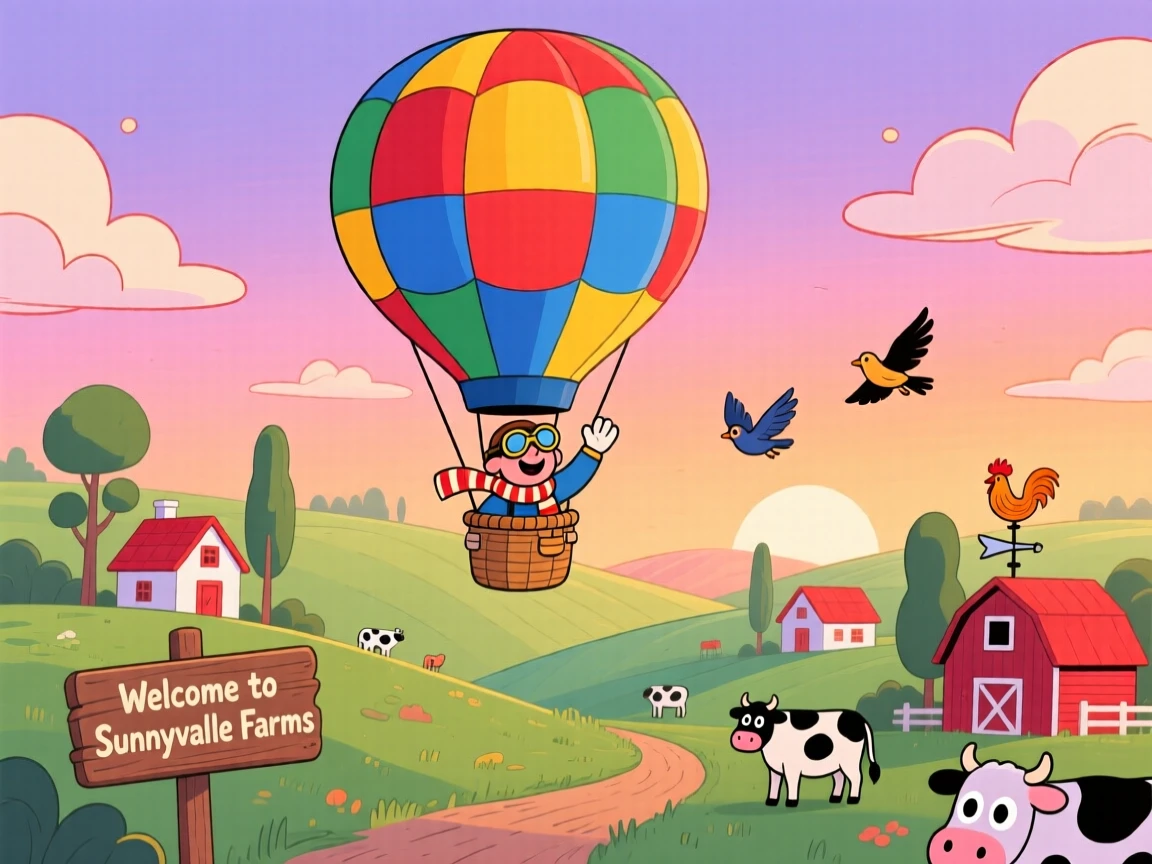A hot air balloon drifting low over a quiet countryside at dawn.