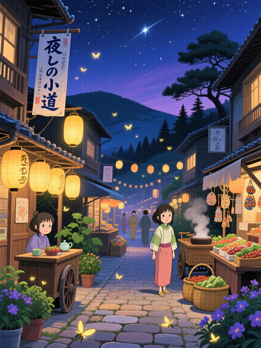 A nighttime scene of a lantern-lit street during a quiet night market, peacefully luminous.