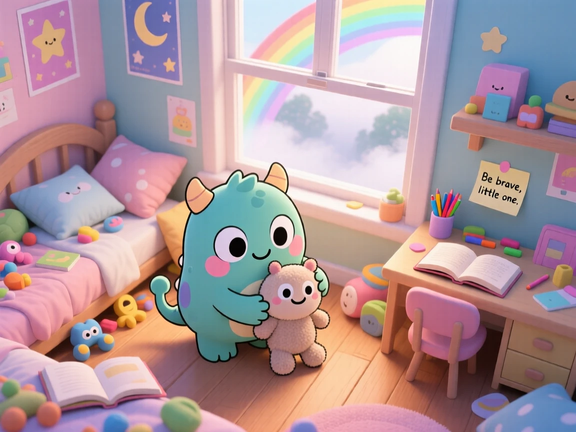High aerial view: a tiny googly-eyed monster, hugging a stuffed toy monster, set against a cluttered cozy bedroom on a misty foggy morning, with bright rainbow-tinted light and a mood of shy bashfulness.