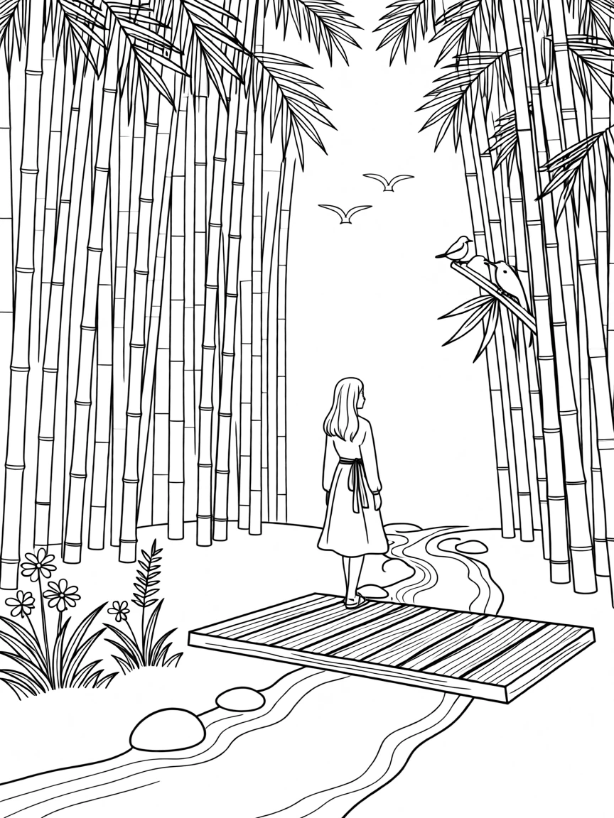 A bamboo forest with light filtering between the stalks, with a small wooden bridge crossing a stream nearby.