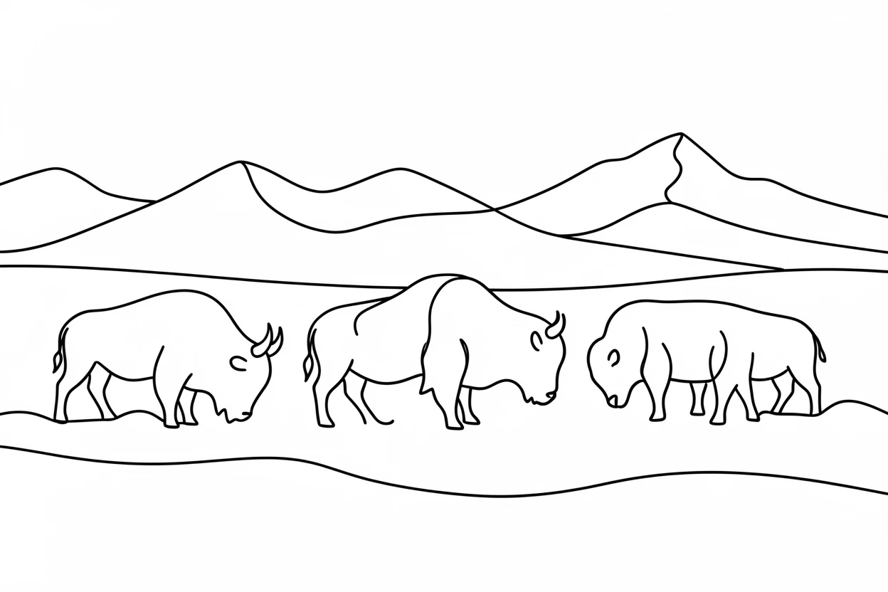 A herd of bison grazing across a wide golden prairie beneath distant mountains