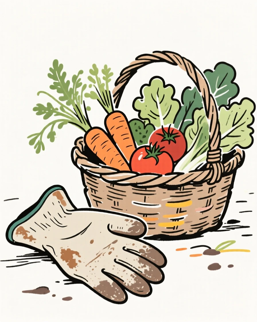 A pair of worn gardening gloves resting beside a basket of vegetables.