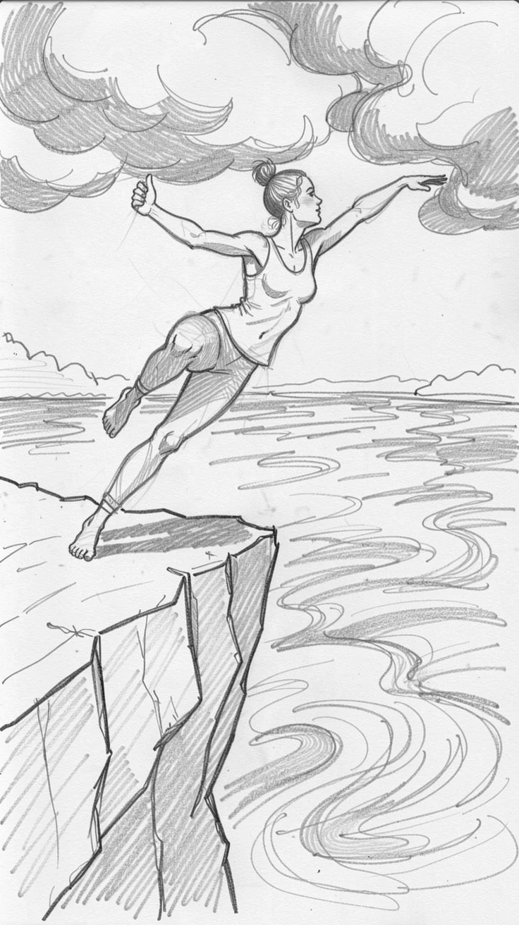 An energetic scene of a yoga practitioner holding a pose on a cliffside beside a rushing river, with dramatic clouds rolling in overhead.