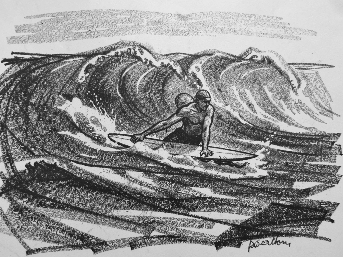 A surfer paddling out toward a rolling wave, in a moment of quiet togetherness.