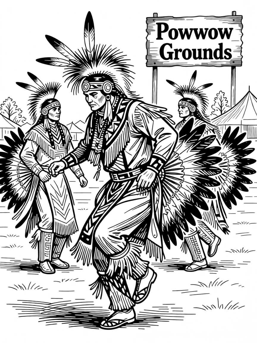 A traditional Native American powwow with dancers in vibrant regalia.