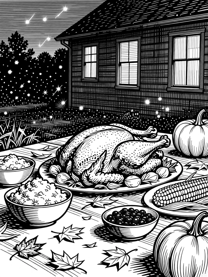 A thanksgiving table laden with a harvest feast as fireflies begin to appear at dusk, with warm light spilling from every window, capturing a gently sentimental seasonal moment.