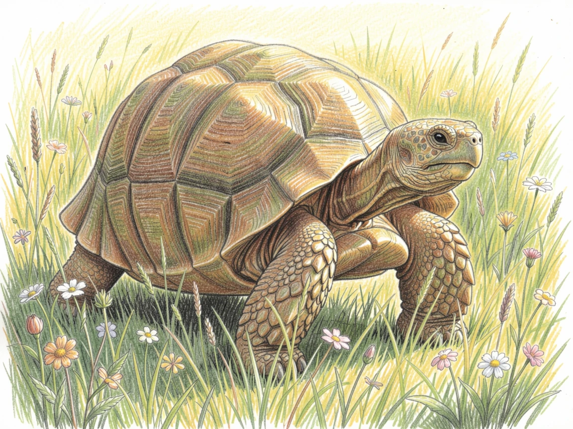 A gentle giant tortoise wandering through a sunlit meadow, with soft, natural light bringing warmth to every detail, full of charm, emotion, and visual delight.