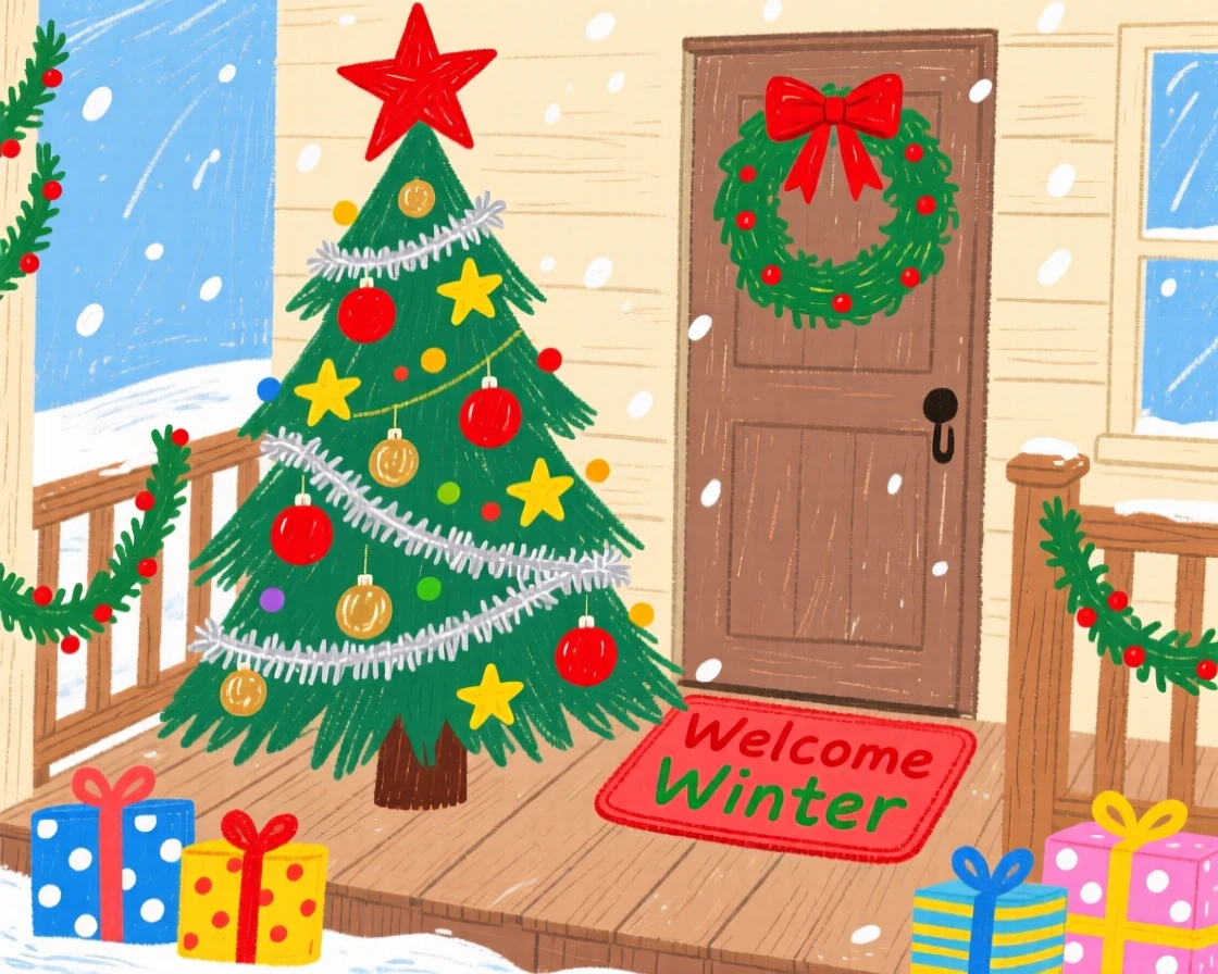A decorated Christmas tree set on a porch decorated for the season.