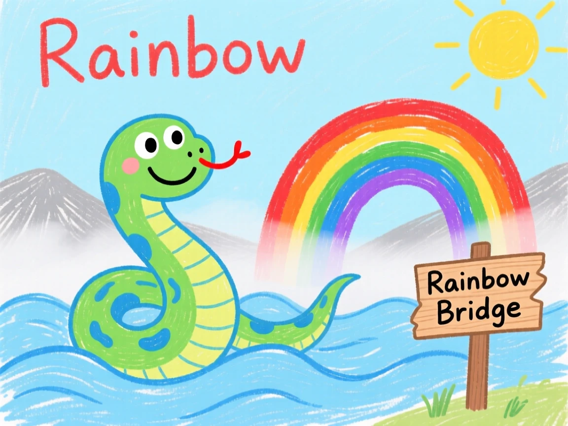 A friendly sea serpent curling through waves beside a rainbow bridge over a misty valley.