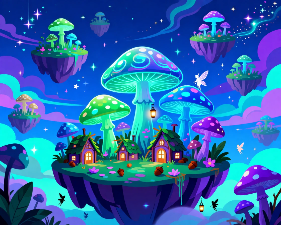 A tiny fairy village hidden among glowing mushrooms and toadstools, set within a dreamlike sky filled with floating islands, framed with a grand, sweeping sense of wonder and scale, with rich jewel tones that evoke wonder and imagination.