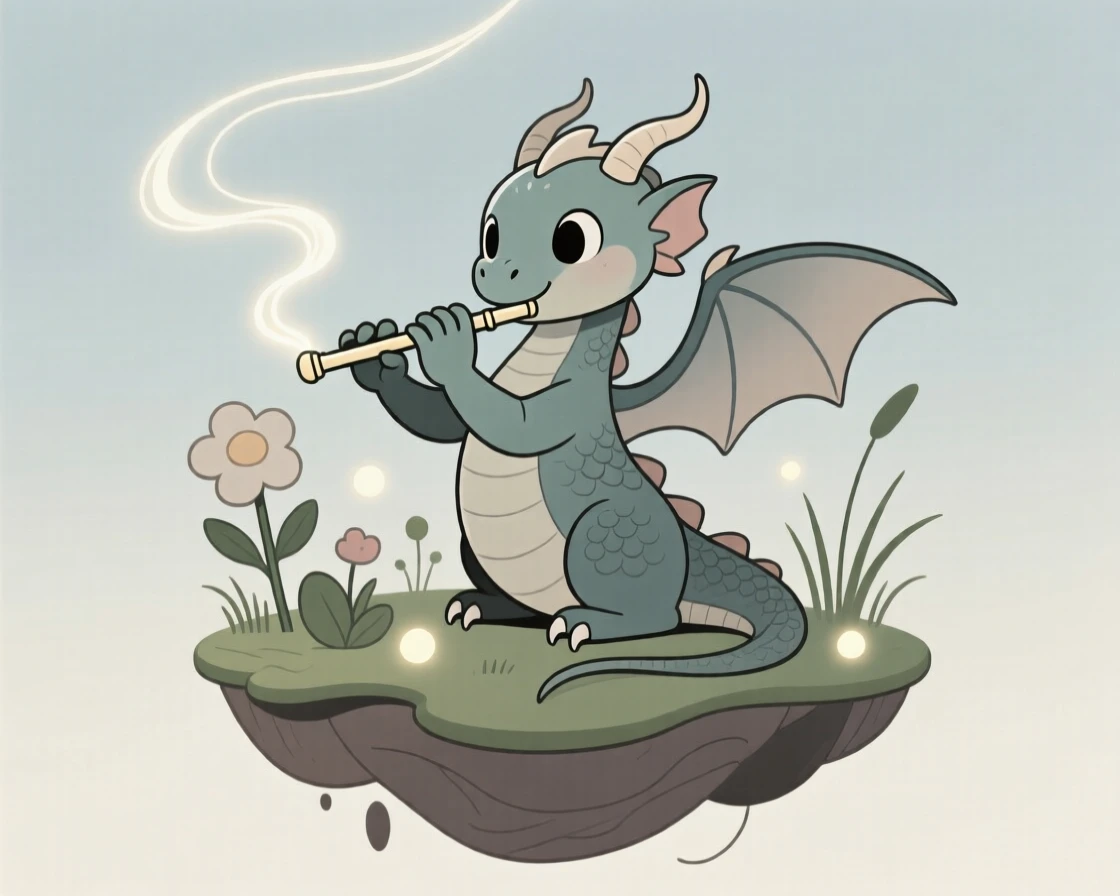 A young dragon playing a magical flute near a floating garden.