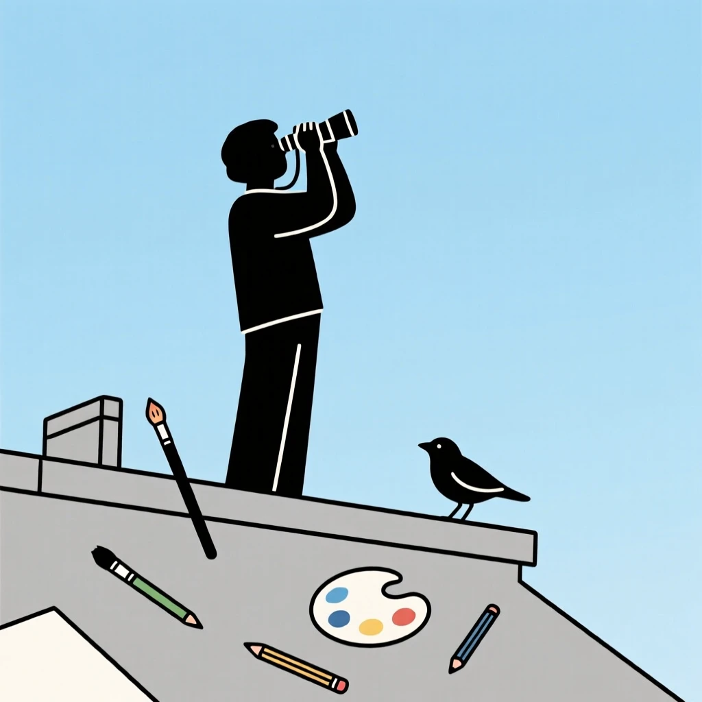 A person birdwatching with binoculars in a rooftop under open sky, surrounded by scattered art supplies, showing creative flow.