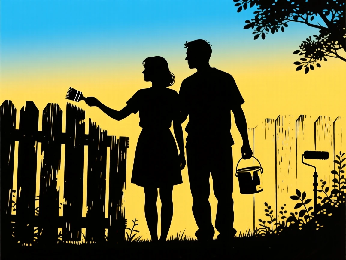 A couple repainting an old wooden fence together on a sunny weekend.