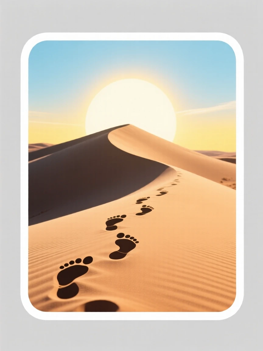 A warmly encouraging scene of a footprints leading up a sandy dune toward a bright sky, surrounded by a gentle sense of stillness, marking the start of something meaningful.