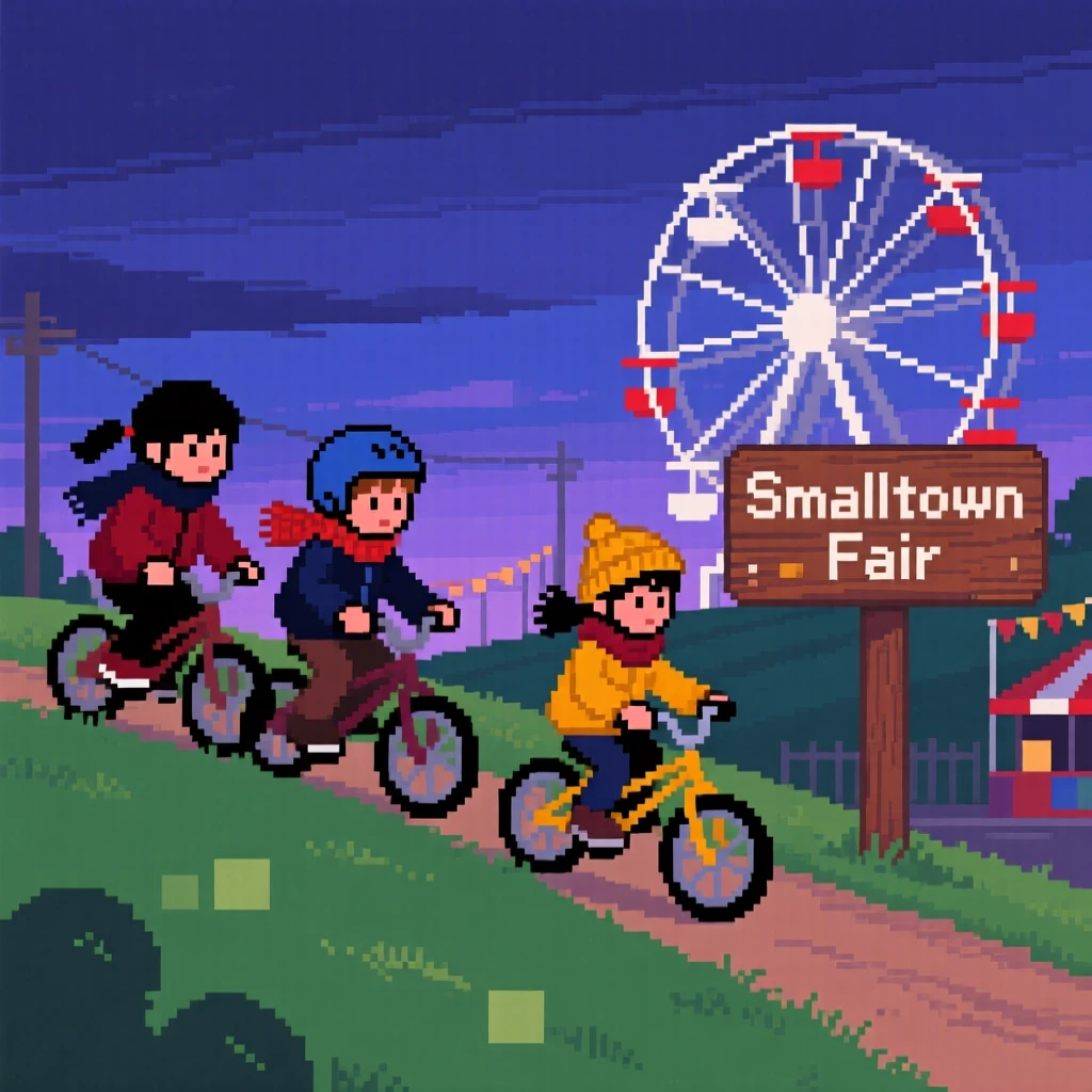 A group of kids riding bicycles down a hill wrapped up against the evening chill, at a small-town fair with a ferris wheel.