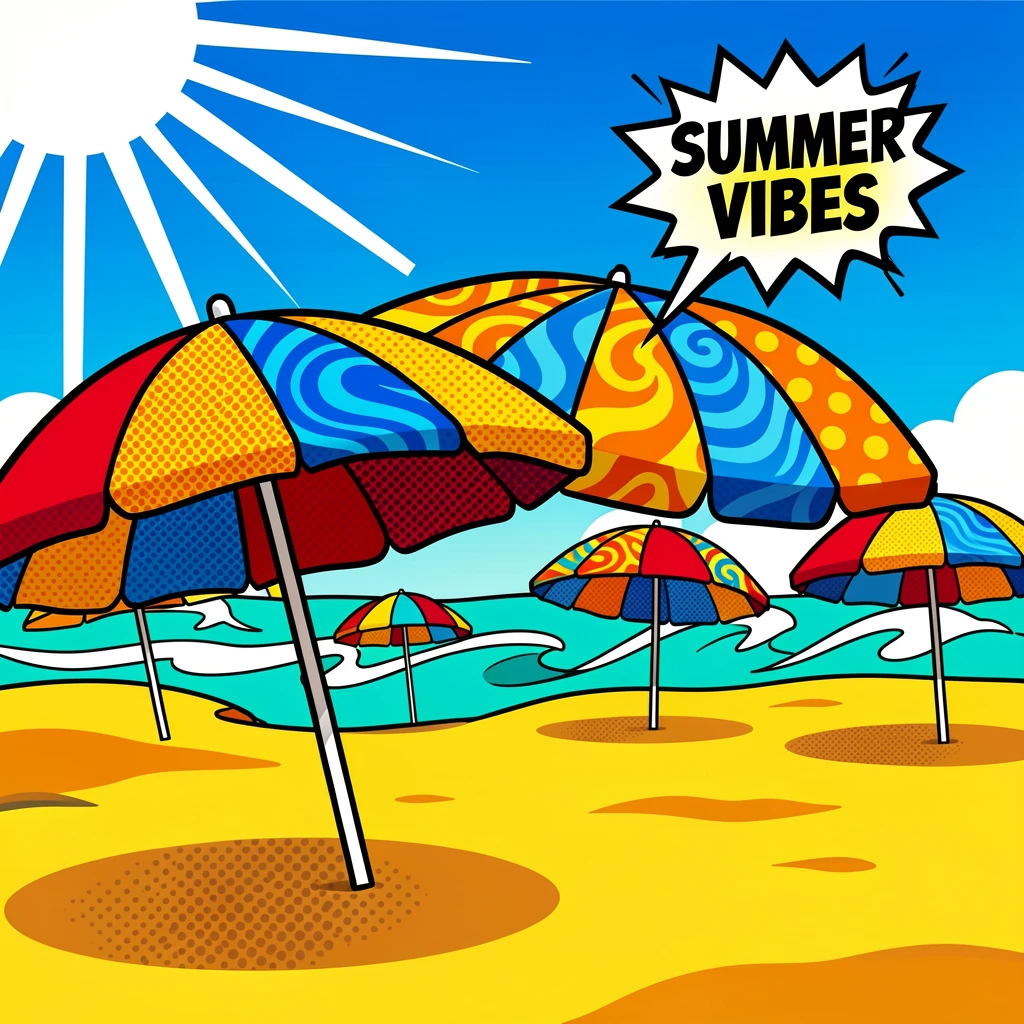 A summer beach scene with elaborate umbrellas dotting the sand