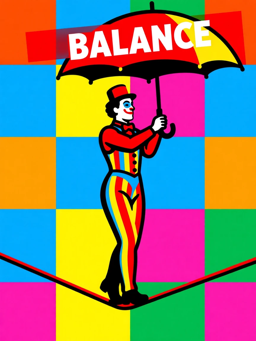 Vintage circus tightrope walker balancing with an umbrella