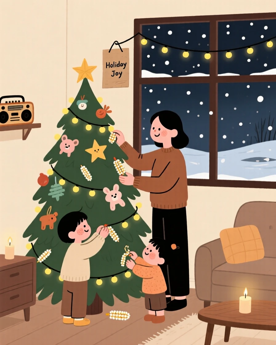 A family decorates a evergreen in the corner with handmade ornaments and twinkling lights while carols plays softly and snow drifts silently outside the window.