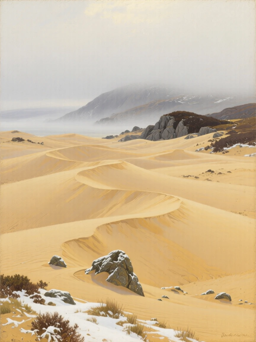 A grand panoramic scene of a vast golden desert with rippling sand dunes, in the Scottish Highlands, in the quiet stillness of midwinter, in thick fog.