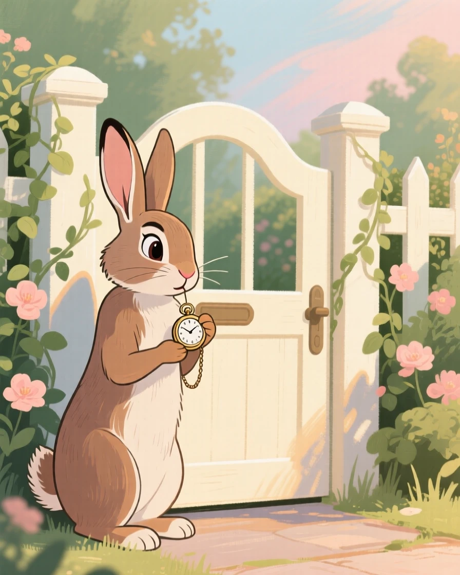 A talking rabbit checking a pocket watch beside a garden gate