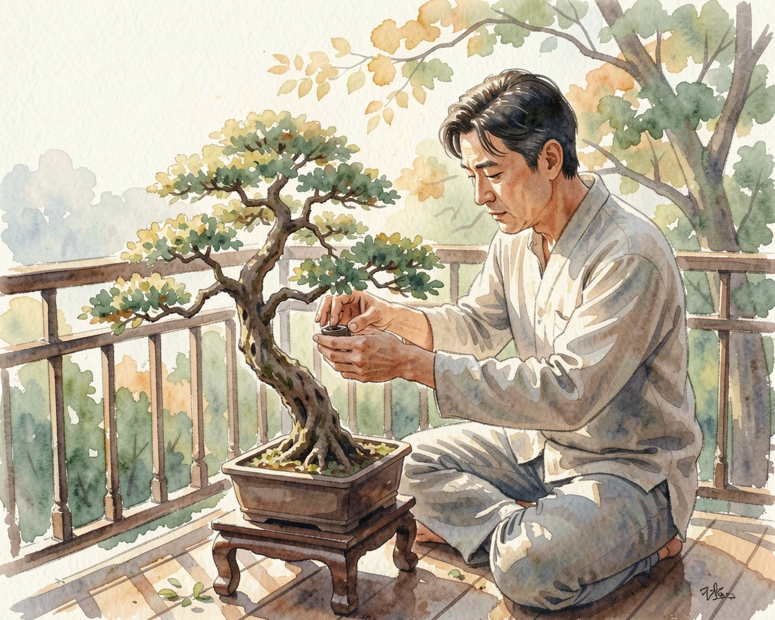 A man tending to bonsai trees on a balcony with focused, peaceful concentration.