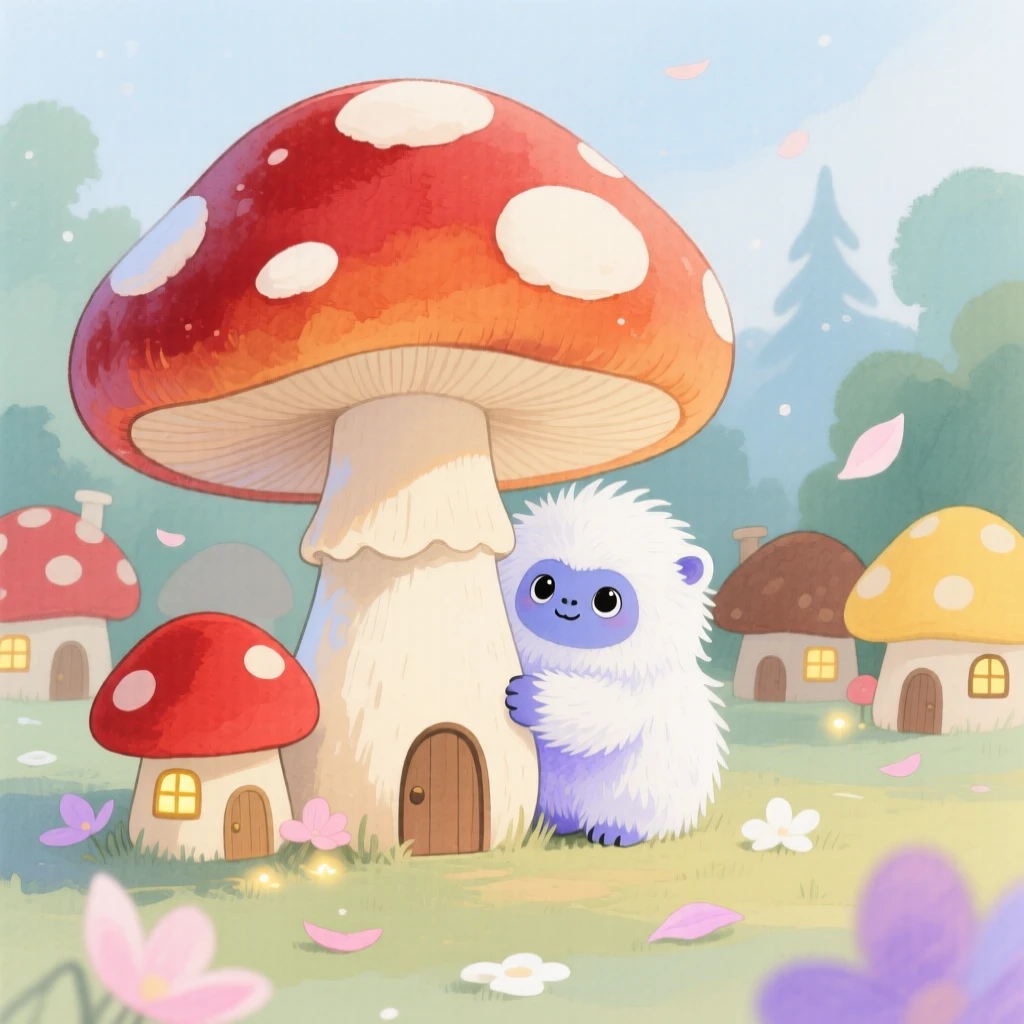A tiny snow yeti cub peeks out from behind a giant mushroom in a village of tiny mushroom houses, surrounded by softly glowing petals