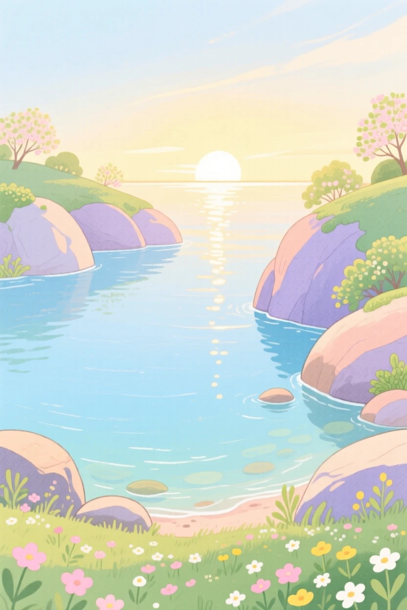 A secluded cove with crystal-clear water, peaceful and vast, at first light in spring.