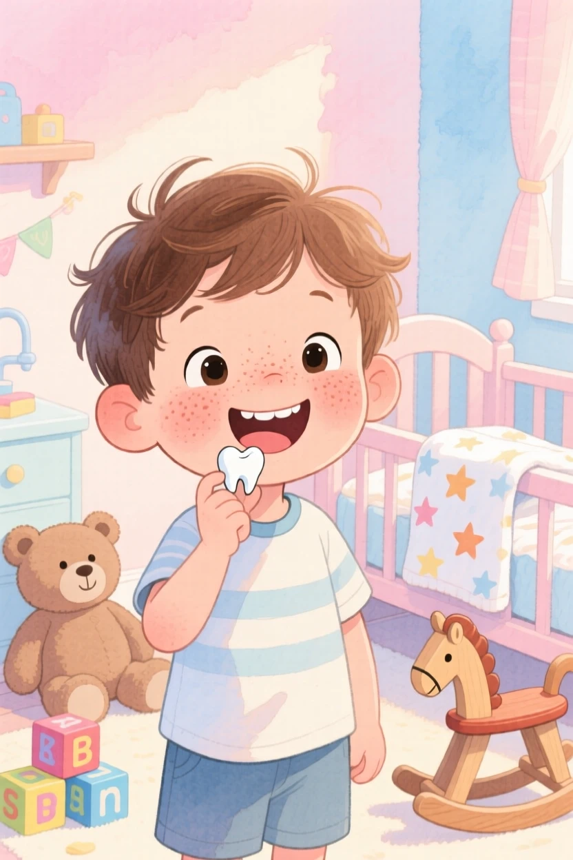 A little boy with freckles showing off a gap-toothed grin after losing a tooth, in a cozy nursery with soft pastel light, capturing the pure joy of childhood wonder.