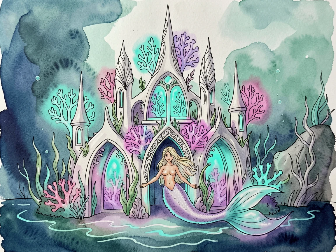 A mermaid's underwater palace glowing with bioluminescent coral, an air of wonder and quiet mystery throughout.