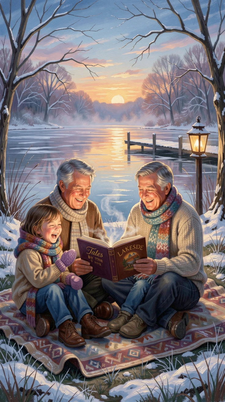 Grandparents reading a story to their grandchildren, beside a lake during a warm summer evening, laughter shared over a simple, joyful moment, during a cozy winter evening.