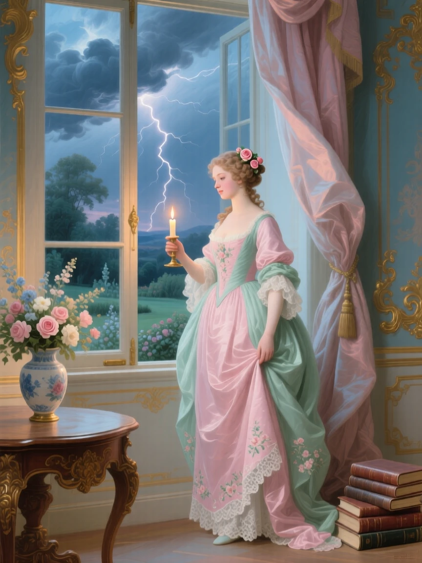 A lady holding a candle beside an open window during a summer storm  